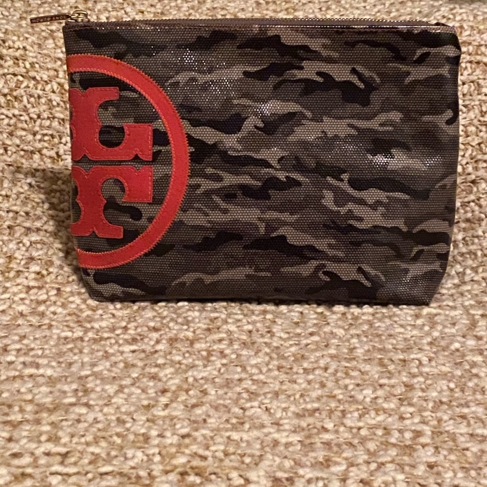 Tory Burch camo makeup bag